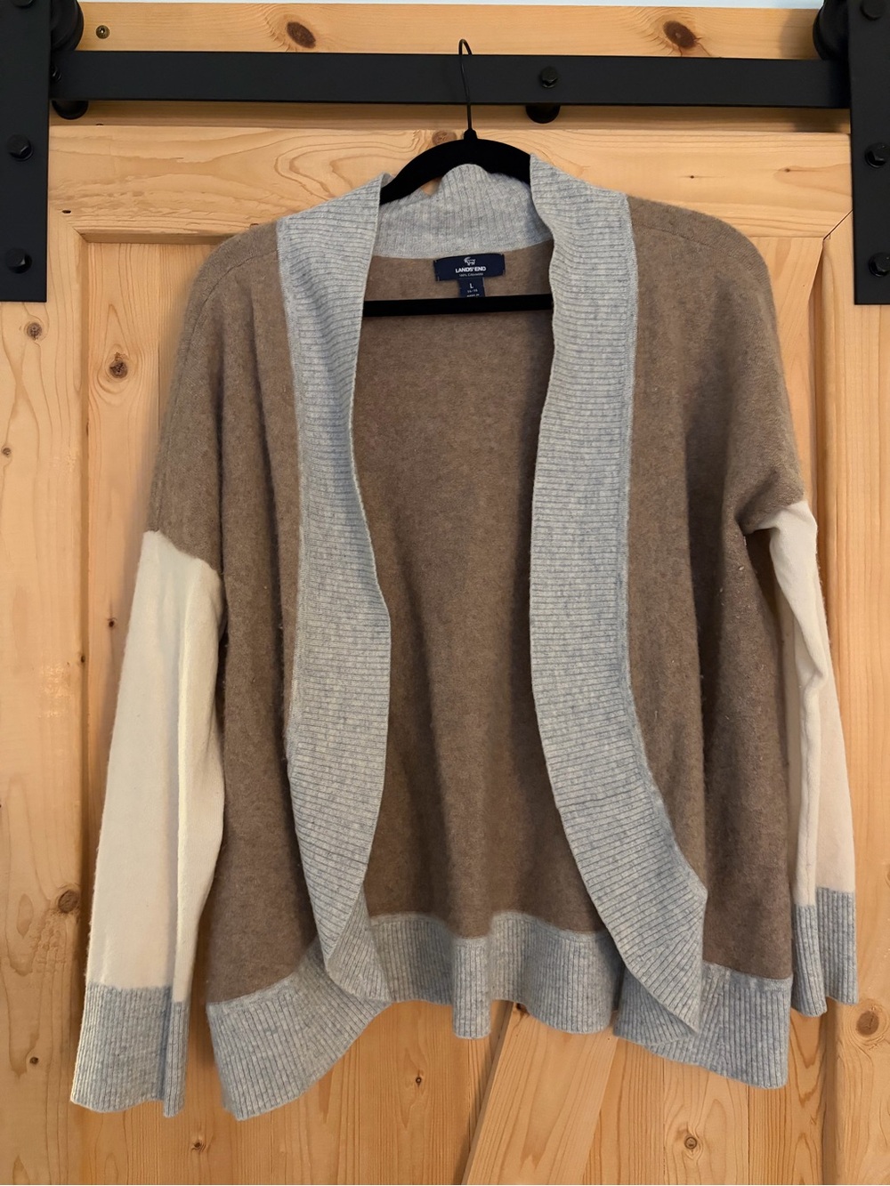 Lands' End Taupe, Cream & Light Gray Colorblock Open-Front Cardigan